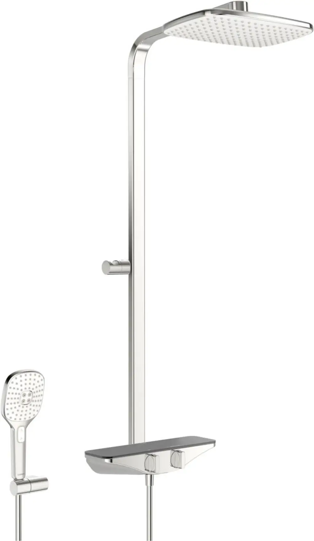 Regenbrause-Duscharmatur in Chrom und Grau von HANSA mit einer großen Kopfbrause und einer Handbrause. Enthält eine Ablage und zwei Steuerknöpfe für die Strahlarten.